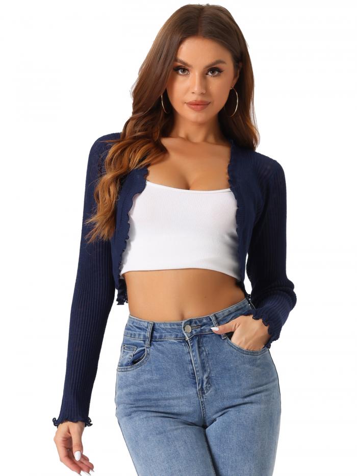 Allegra K カーディガン 長袖 ニット クロップ オープンフロント シュラッグ フリル トリム エレガント..