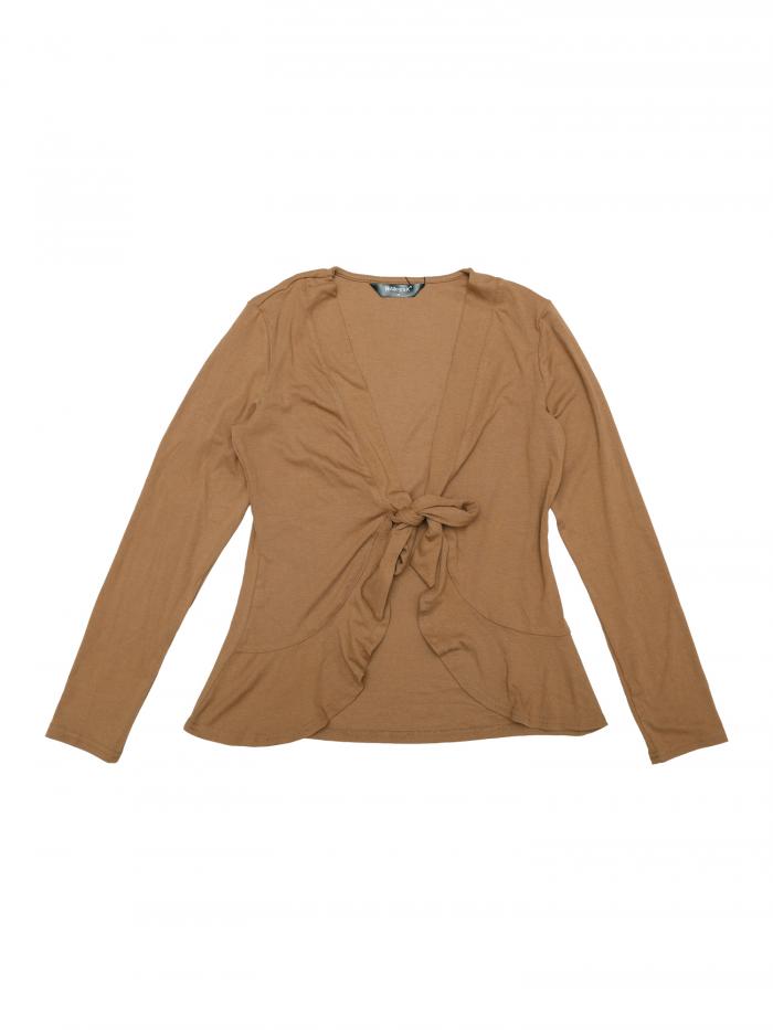 Allegra K ニット カーディガン 長袖 裾フリル タイフロント 無地 スリム 細身 レディース ライトブラウン XL