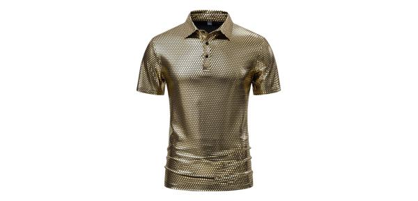 Lars Amadeus メンズ メタリックポロシャツ スパークルドット プリント 半袖 光沢のあるゴルフシャツ ゴールデン XL