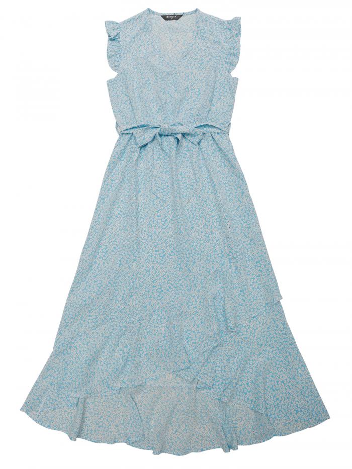 Allegra K ワンピース サンドレス シフォ ン 花柄 ラップ Vネック ベルト付き フリル ミディドレス ノースリーブ ハイローヘム レディース ブルー S