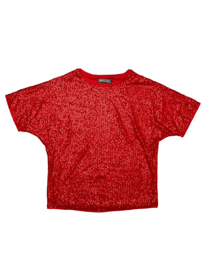 Allegra K Tシャツ クラブウェア ブラウス スパンコールトップス ラウンドネック 半袖 パーティー レディース レッド XS