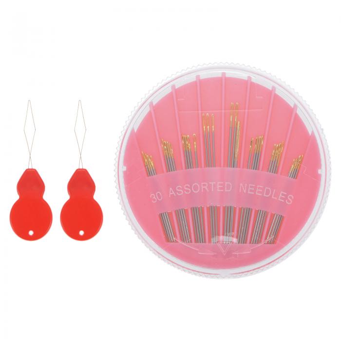 手縫い針 各種ステッチ針 ステンレス鋼 ラージアイステッチ針 刺繍針 2糸通しとピンクの収納ケース付き..