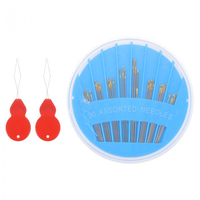 手縫い針 各種ステッチ針 ステンレス鋼 ラージアイステッチ針 刺繍針 2糸通しとブルーの収納ケース付き..