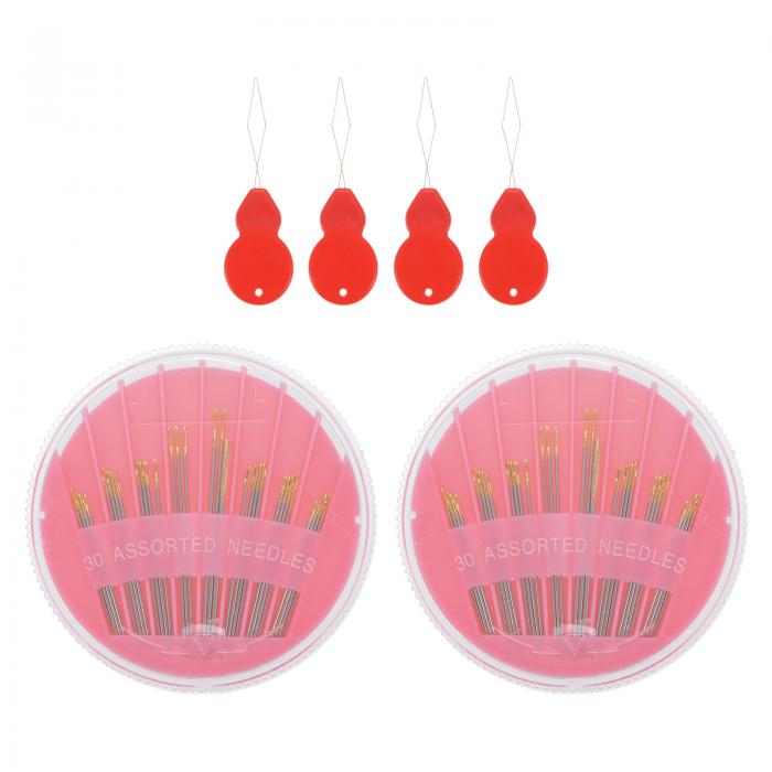 手縫い針 各種ステッチ針 ステンレス鋼 ラージアイステッチ針 刺繍針 4糸通しと2ピンクの収納ケース付..