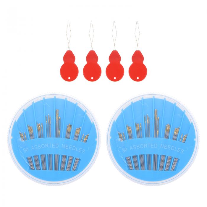 手縫い針 各種ステッチ針 ステンレス鋼 ラージアイステッチ針 刺繍針 4糸通しと2ブルーの収納ケース付..