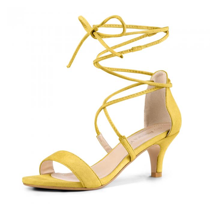 Allegra K レースアップ サンダル オープントウ キトゥンヒール レディース イエロー 25.0 cm
