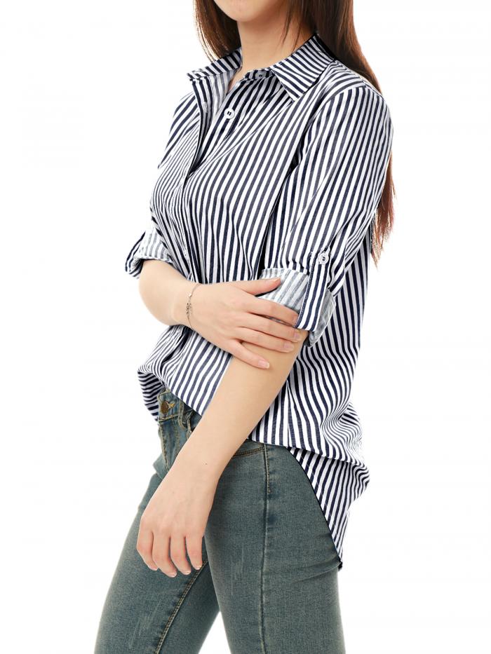 Allegra K ストライプシャツ ブラウス ロールアップ 長袖 カジュアル レディース ダークブルー 3XL