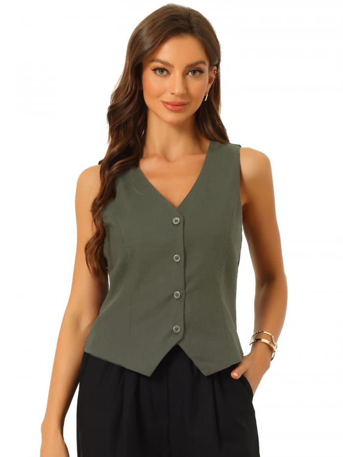 Allegra K ベスト チョッキ 無地ノースリーブ ボタンダウン Vネック クロップトップ サマーベスト レデ..