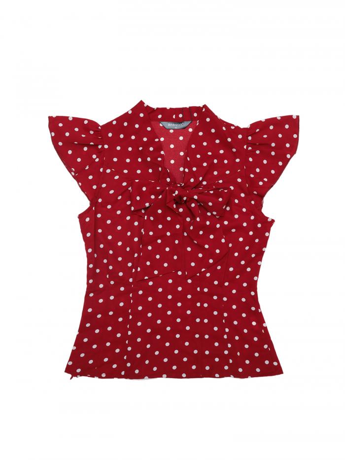 Allegra K ブラウス 水玉 シャツ フリル袖 タイ オフィス レディース レッド L