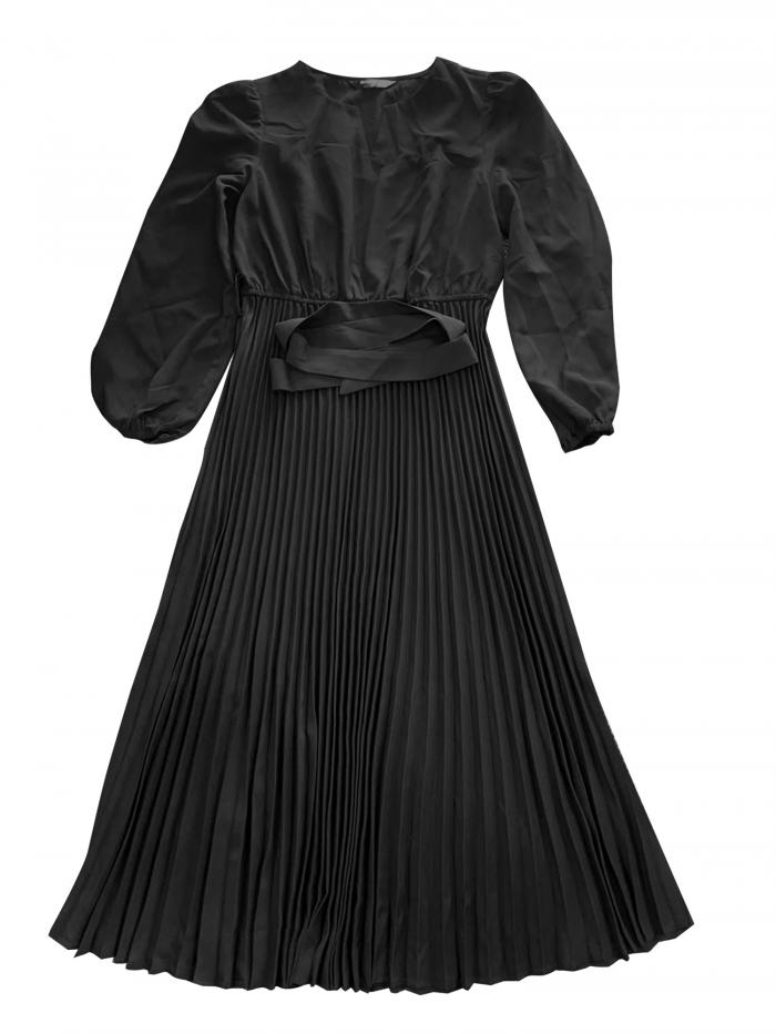 Allegra K エレガントなプリーツスウィングドレス レディース用 無地 ノースリーブ Vネック 長袖 ワークドレス ブラック L