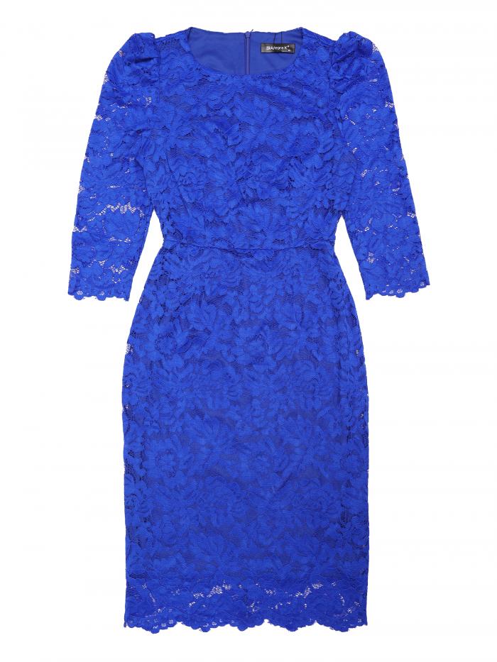 Allegra K エレガントワンピース レース花柄 クルーネック七分袖 ボディコン 結婚式 ゲスト カクテル ドレス 裏地付き レディース ロイヤルブルー M(4)
