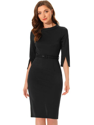 Allegra K オフィス シースドレス 七分袖 ベルト付き モックネック ペンシルドレス レディース ブラック S Allegra K オフィス シースドレス 七分袖 ベルト付き モックネック ペンシルドレス レディース ブラック S