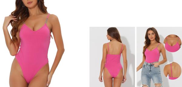 Allegra K レディース カジュアル ボディスーツ スリムフィット チェーンストラップ Vネック キャミソール トップス ホットピンク S