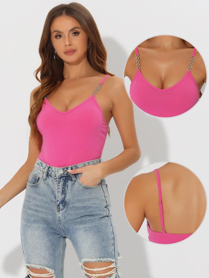 Allegra K レディース カジュアル ボディスーツ スリムフィット チェーンストラップ Vネック キャミソール トップス ホットピンク S