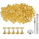 200セットのレザーリベット 8mm x 6mm メタルダブルキャップリベットスナップスタッドファスナーと3個の設置ツール レザークラフトDIY修理装飾用 金色トーン
