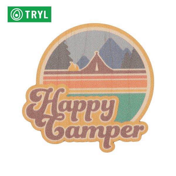 TRYL WOOD STICKER(ウッドステッカー) Happy Camper 木材を使用した自然素材のステッカー 【トレイルランニング ジョギング アウトドア ブッシュクラフト ステッカー シール グッズ】