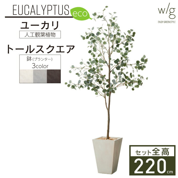 フェイクグリーン鉢セット 大型「丸葉ユーカリL×トールスクエア w/g-eco」高さ220cm 人工観葉植物 インテリアグリーン プランター 簡単組立 おしゃれ リアル 室内 オフィス