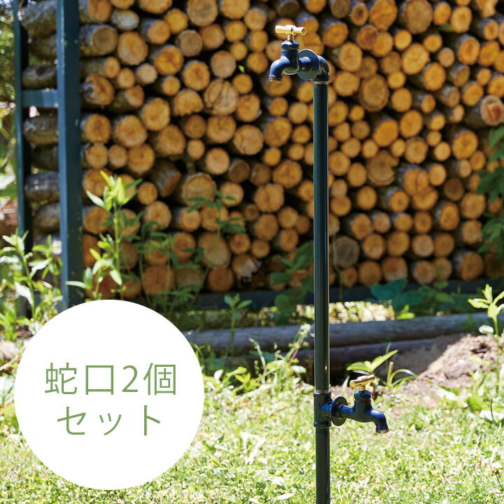 【水栓柱】【ビンテージ風】【2口】 配管パイプ立水栓 ダブル 水栓柱＋蛇口2個+ホースアダプター1個セット 