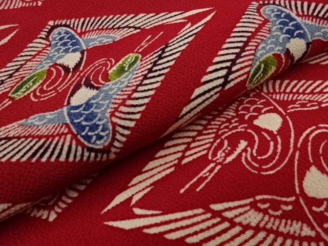 縮緬地菱に向かい鶴模様名古屋帯【リサイクル】【中古】【着】 宗sou