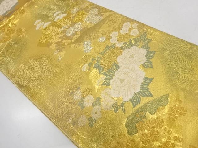 未使用品　秀美二重箔扇面に牡丹・草花模様織出し袋帯【リサイクル】【着】 宗sou