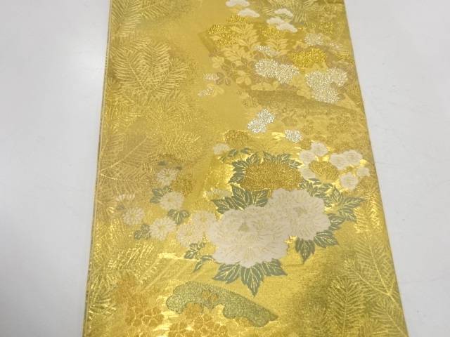 未使用品　秀美二重箔扇面に牡丹・草花模様織出し袋帯【リサイクル】【着】 宗sou