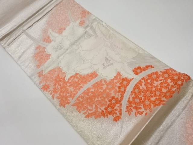 カトレアに草花模様織出し袋帯【リサイクル】【中古】【着】 宗sou(prc)(4)