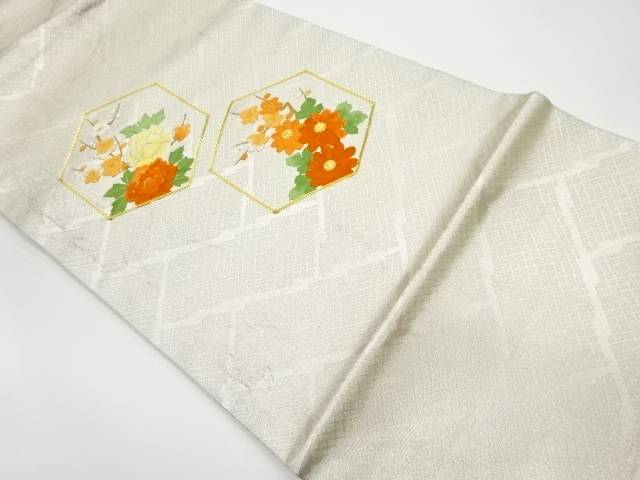 金駒刺繍亀甲に牡丹・菊・梅模様名古屋帯【リサイクル】【中古】【着】 宗sou