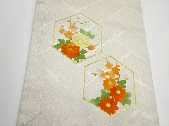 金駒刺繍亀甲に牡丹・菊・梅模様名古屋帯【リサイクル】【中古】【着】 宗sou