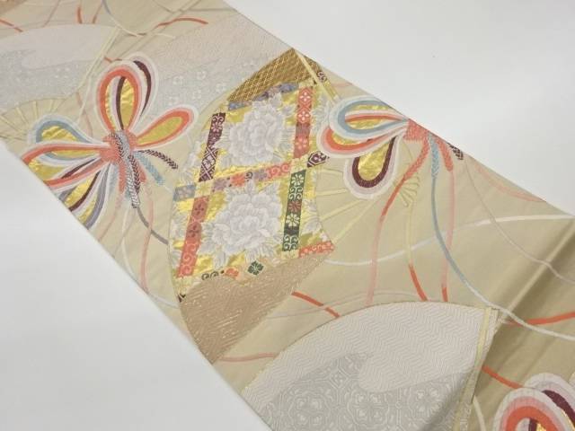 扇に束ね組紐・牡丹模様織出し袋帯【リサイクル】【中古】【着】 宗sou(prc)
