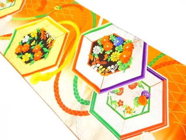 亀甲に組紐・花々模様織出し袋帯【リサイクル】【中古】【着】 宗sou(prc)