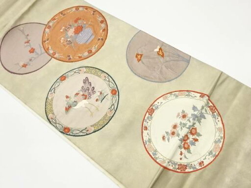 丸文に花瓶・孔雀・草花模様織出し袋帯【リサイクル】【中古】【着】 宗sou(prc) 丸文に花瓶・孔雀・草花模様織出し袋帯【リサイクル】【中古】【着】 宗sou(prc)