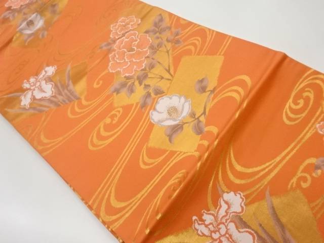 流水に椿・牡丹・菖蒲模様織出し名古屋帯【リサイクル】【中古】【着】 宗sou(prc)