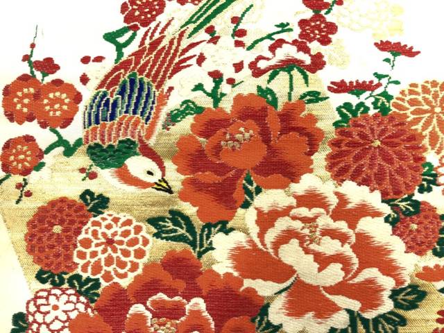 鳥・牡丹・菊模様織出し名古屋帯【アンティーク】【中古】【着】 宗sou(prc)