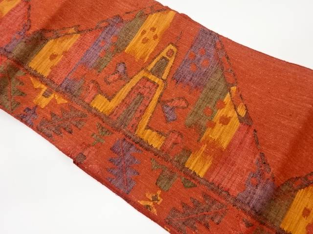 手織り紬抽象幾何学模様織出し名古屋帯【リサイクル】【中古】【着】 宗sou(prc)