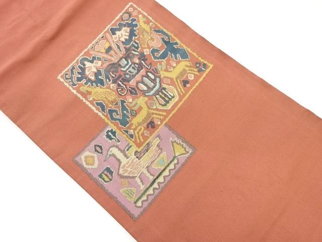 色紙に抽象草花・動物模様織出し名古屋帯【リサイクル】【中古】【着】 宗sou(prc)