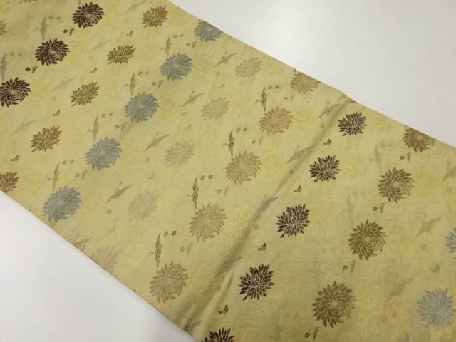 菊に鶴模様織出し名古屋帯(材料)【アンティーク】【中古】【着】 宗sou