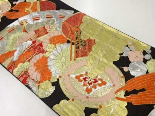 檜扇に古楽器・松・菊模様織出し袋帯(材料)【アンティーク】【中古】【着】 宗sou【Pnt】 檜扇に古楽器・松・菊模様織出し袋帯(材料)【アンティーク】【中古】【着】 宗sou【Pnt】