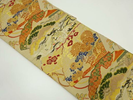 扇に鶴・花籠・屋敷風景模様織り出し名古屋帯(材料)【アンティーク】【中古】【着】 宗sou【spoff】 扇に鶴・花籠・屋敷風景模様織り出し名古屋帯(材料)【アンティーク】【中古】【着】 宗sou【spoff】