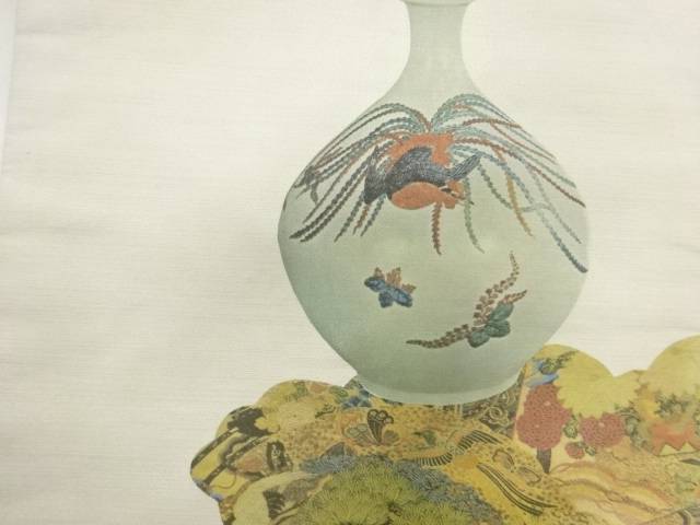 花器に松・鳳凰・仕覆模様名古屋帯【アンティーク】【中古】【着】 宗sou