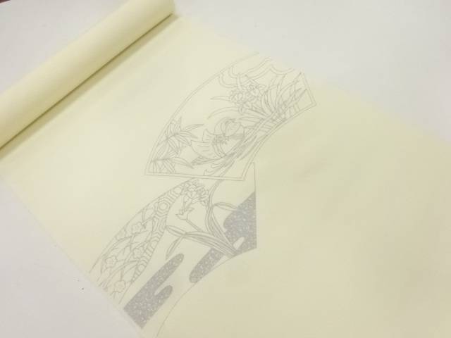地紙に鴛鴦・草花模様名古屋帯地反物【アンティーク】【中古】【着】 宗sou