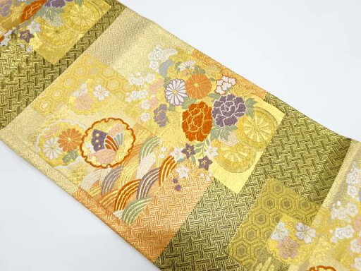 佐賀錦 菱に花車・雪輪・蝶模様織り出し袋帯【リサイクル】【中古】【着】 宗sou 佐賀錦 菱に花車・雪輪・蝶模様織り出し袋帯【リサイクル】【中古】【着】 宗sou