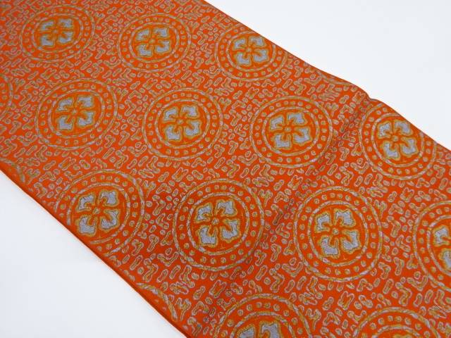 丸に花模様織り出し全通袋帯(材料)【アンティーク】【中古】【着】 宗sou