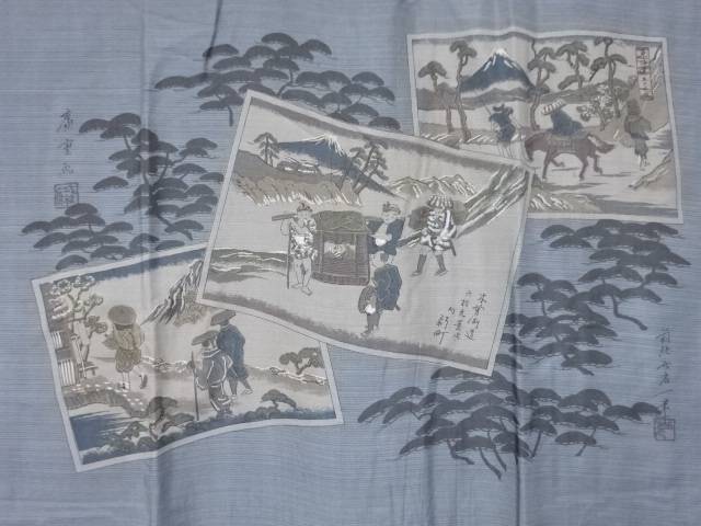 木曽海道六拾九景次模様男物長襦袢【アンティーク】【中古】【着】 宗sou