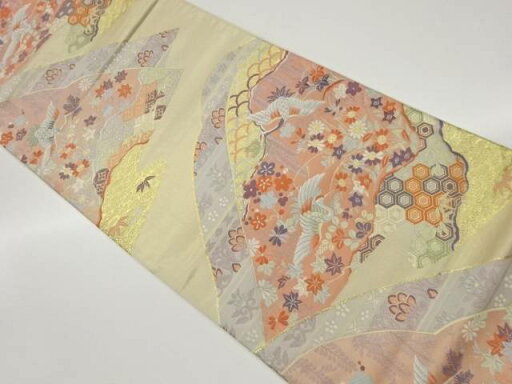 山に鶴・花々・古典柄模様織出し袋帯【中古】【着】 宗sou 山に鶴・花々・古典柄模様織出し袋帯【中古】【着】 宗sou