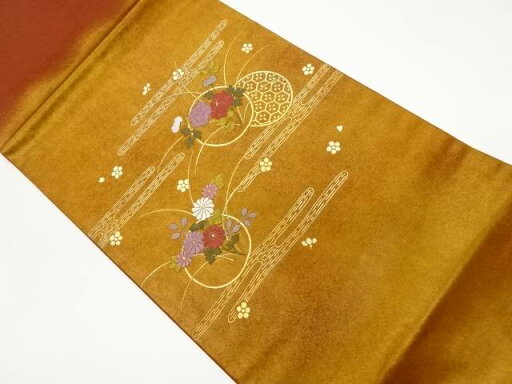 金彩ヱ霞に丸文・秋草模様刺繍開き名古屋帯(額縁仕立て)【中古】【着】 宗sou 金彩ヱ霞に丸文・秋草模様刺繍開き名古屋帯(額縁仕立て)【中古】【着】 宗sou