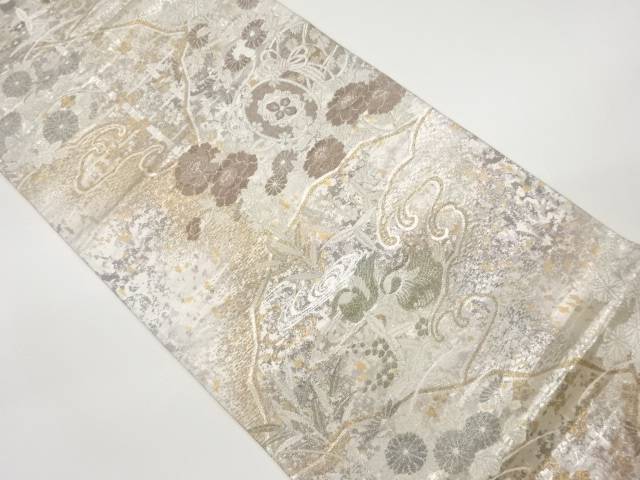 引箔荒波に鼓・花鳥模様織出し袋帯【中古】【着】 宗sou
