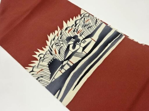 縮緬地民家・松に草葉模様名古屋帯【中古】【着】 宗sou 縮緬地民家・松に草葉模様名古屋帯【中古】【着】 宗sou