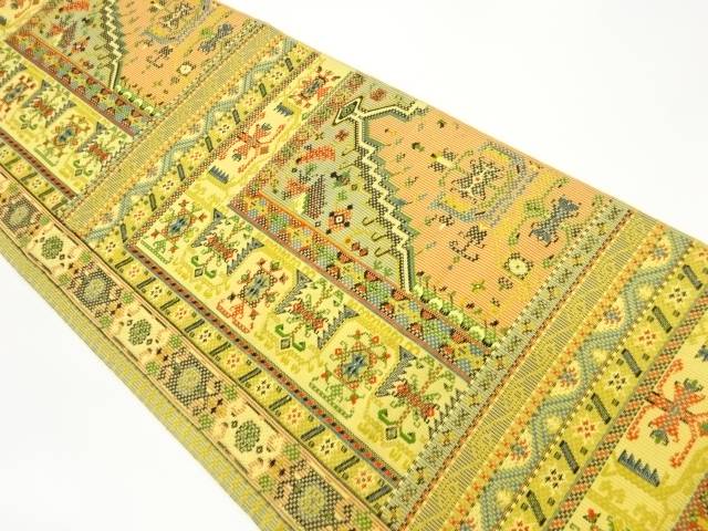 抽象草花に幾何学模様織出し名古屋帯【中古】【着】 宗sou