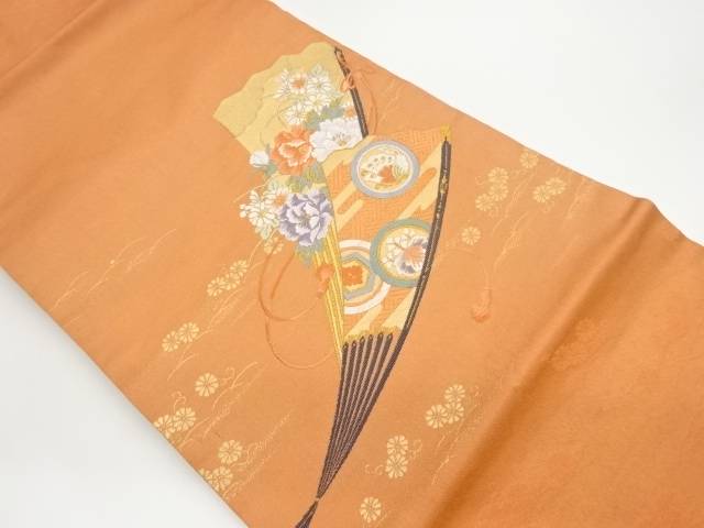 扇に花々・蝶模様織出し名古屋帯【中古】【着】 宗sou
