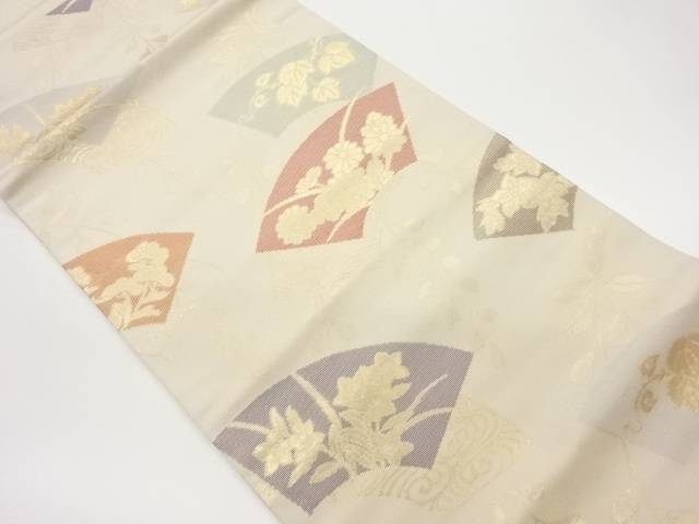 地紙に草花・流水模様織出し開き名古屋帯（額縁仕立て）【中古】【着】 宗sou